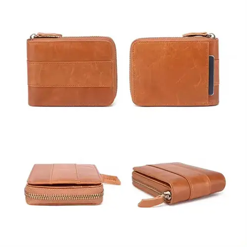 RFID-Blocking Compact Leather Wallet with Zipper Closure